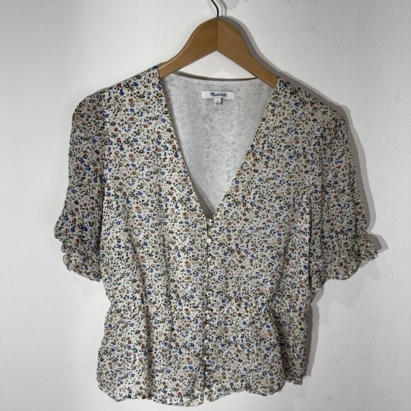 Madewell Ivory Blouse Size S Fieldwalk Ditsy Floral Silk V-Neck Peplum buttons - Picture 3 of 10